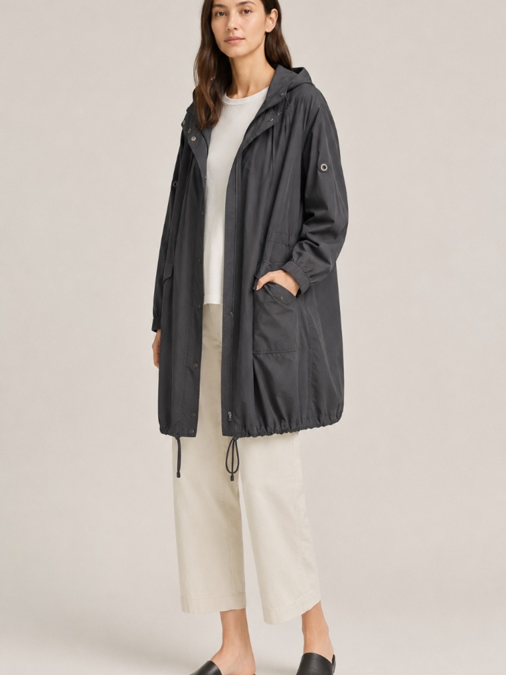 Eileen Fisher Women's Black Hooded Long Anorak Cotton Nylon Jacket Size M